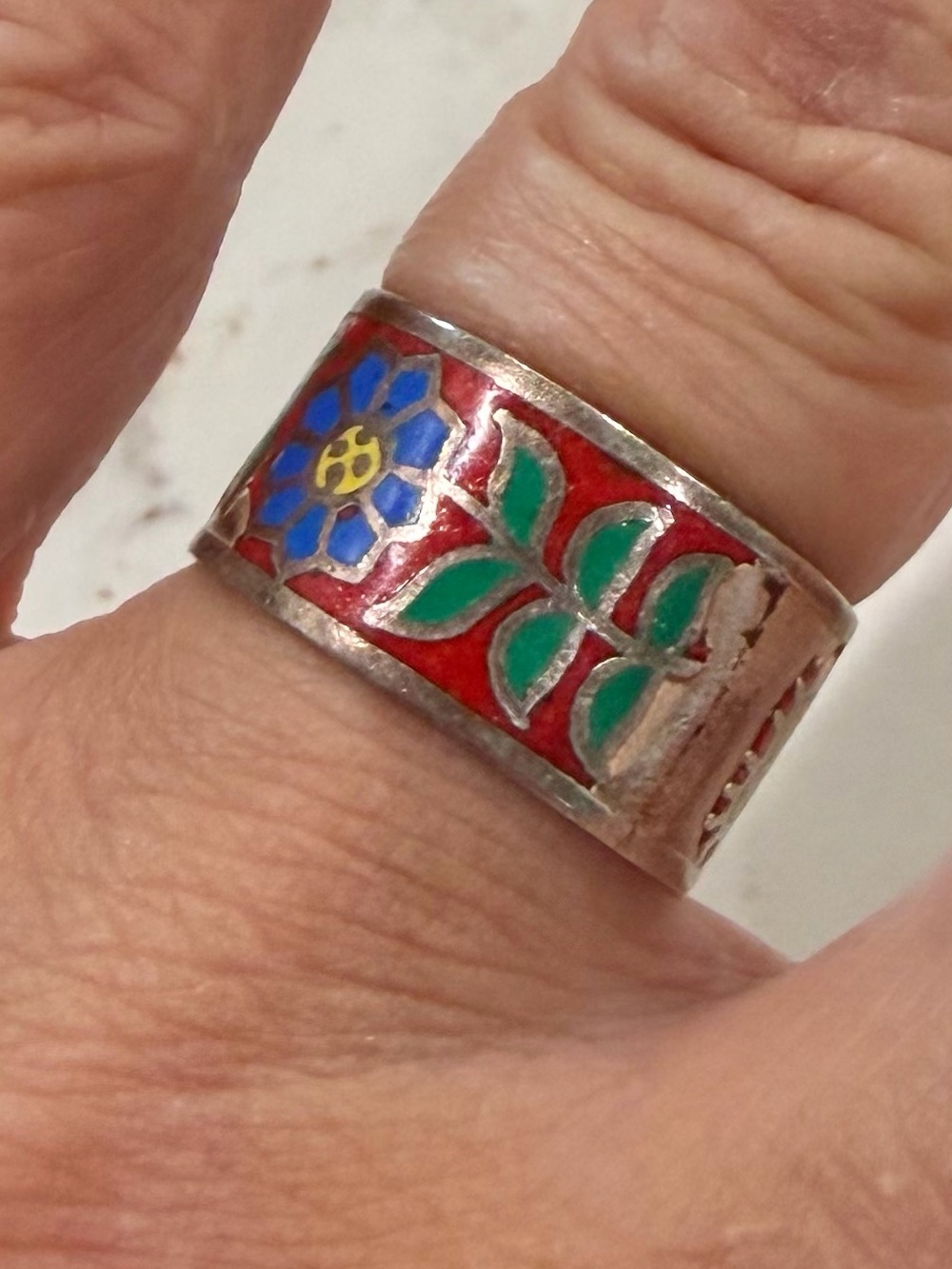 Vintage 70’s Thailand Sterling Silver Cloisonne Enamel Floral Band Ring 6.5
